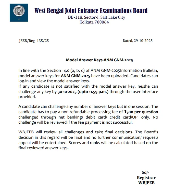 West Bengal ANM GNM Answer Key 2025 Raise Objection