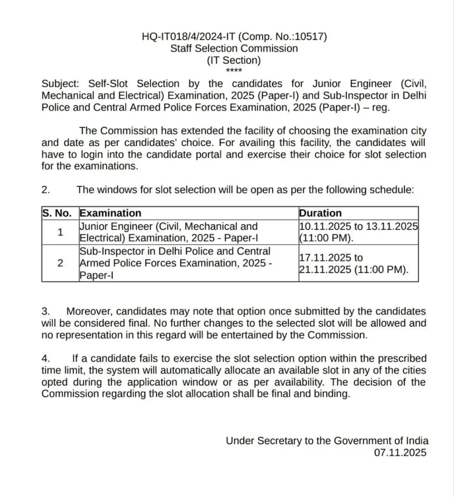 SSC CPO Slot Booking 2025 Official Notice