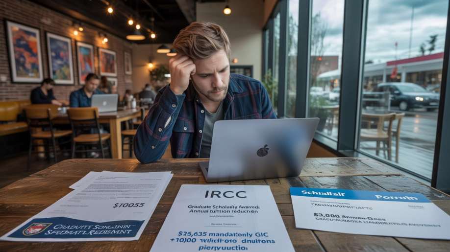 Canada Master Degree Admission Scholarships And GIC Private Loans 2026 stressed American student in Seattle coffee shop reviewing Canadian university scholarship letters and private loan applications on laptop