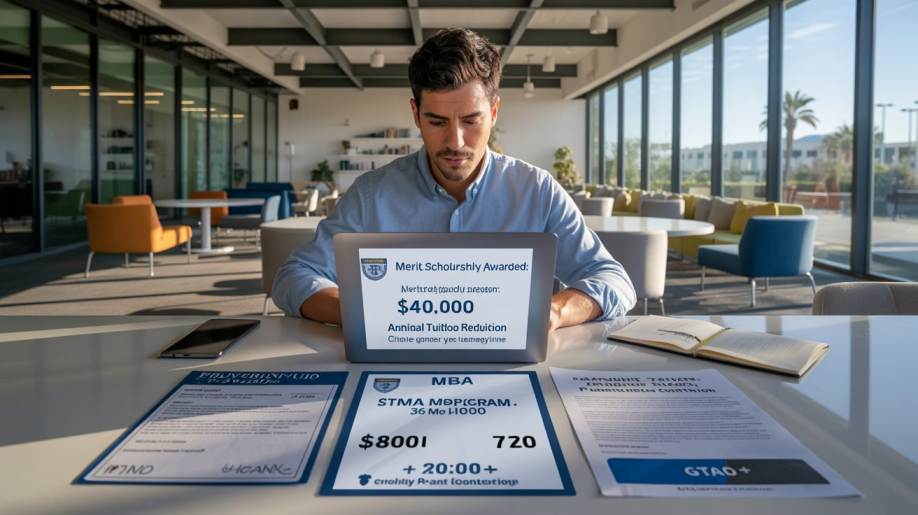 Top STEM MBA Admission Scholarships And Unsecured Private Loans USA 2026 ambitious American student analyzing enterprise financial data and scholarship award letters on laptop inside modern Silicon Valley university campus